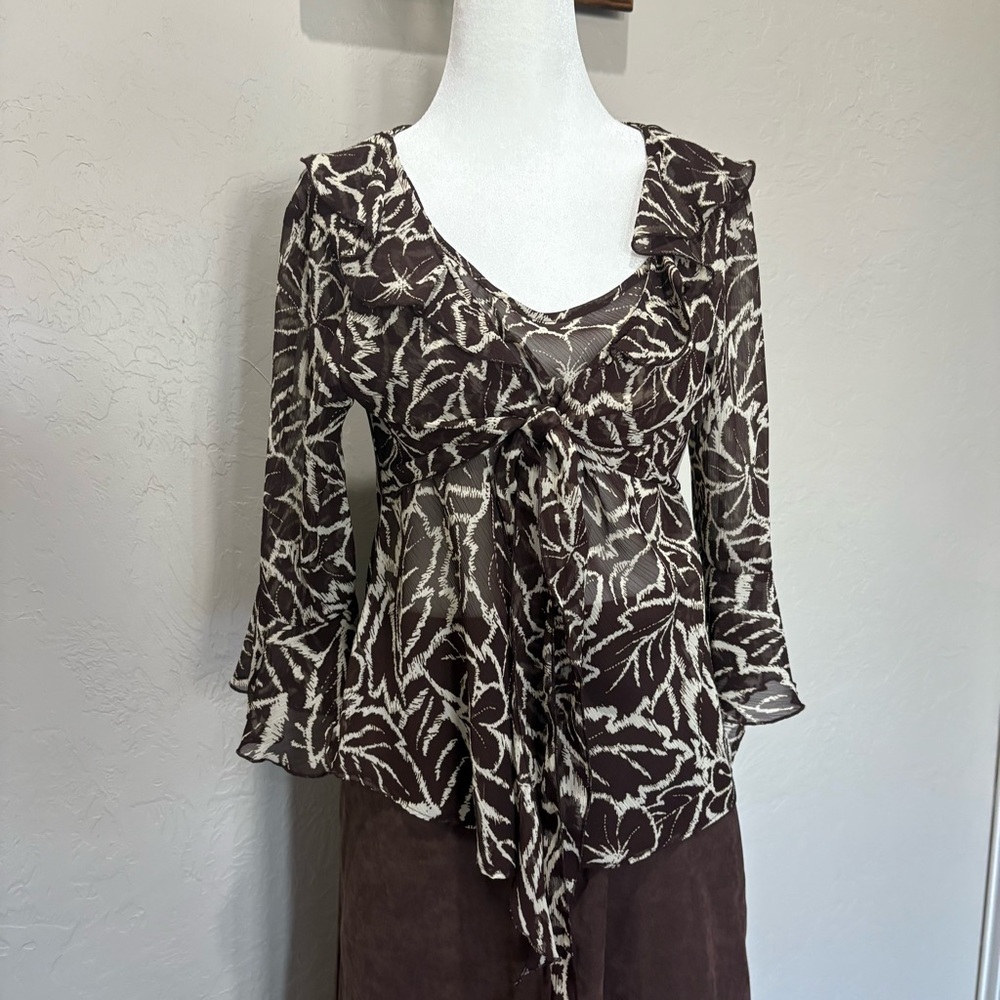 NWT 90s Sheer Floral Ruffle Tie Blouse Brown Beige | Versailles PM - Picture 2 of 12